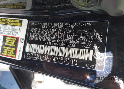 2018 Toyota Camry Se z USA, uszkodzony, nr VIN 4T1B11HK7JU139789